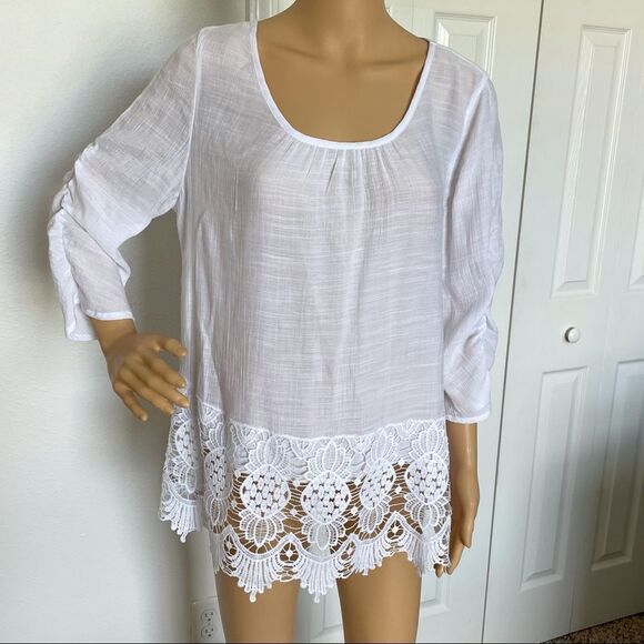 Unique Spectrum 3/4 Sleeve Blouse Sheer With Lace Bottom Hem Size X-Large - Picture 1 of 13